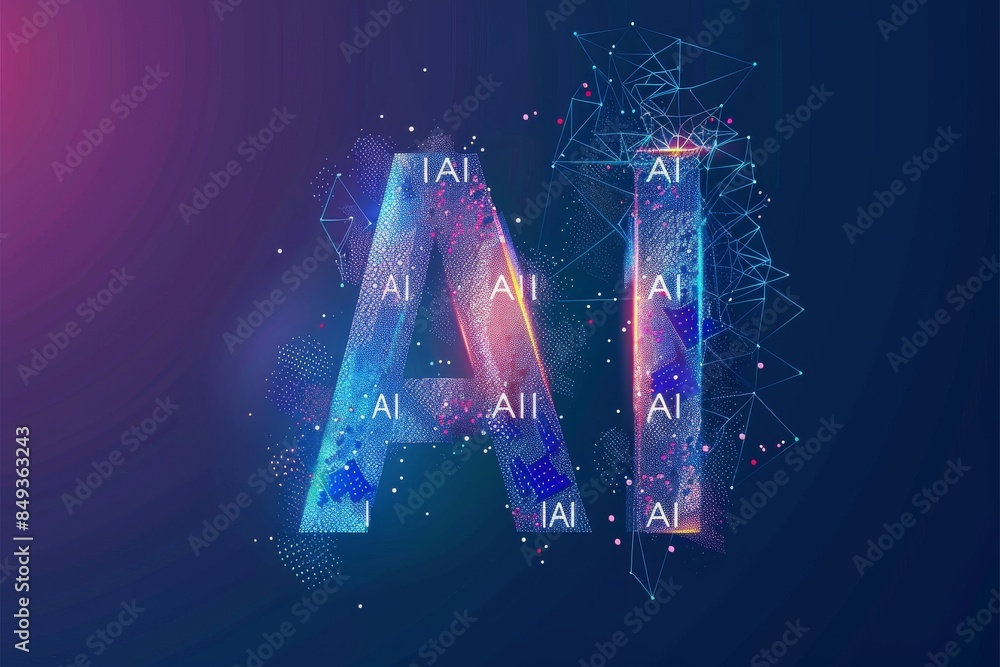 Poster abstract ai letters with glowing particles, symbolizing the dynamic and innovative nature of artific