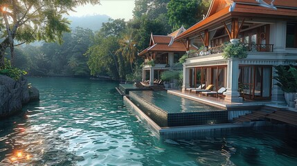 Thailand, luxury hotels by the river, environment, luxury. Generative AI.