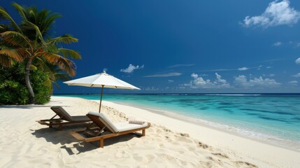 Serene Tropical Paradise - White Sand Beach, Palm Trees, Clear Turquoise Waters for Relaxation and Enjoyment