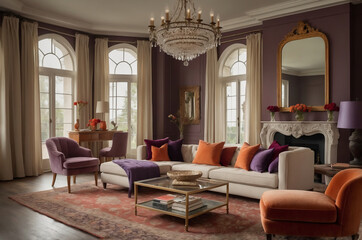 Luxurious Living Room with Crystal Chandelier and Arched Windows Featuring Orange and Purple Decor