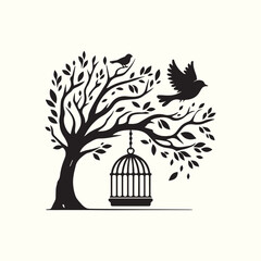 Naklejka premium Tree Branch with Bird Cage and bird silhouette vector illustration. logo design