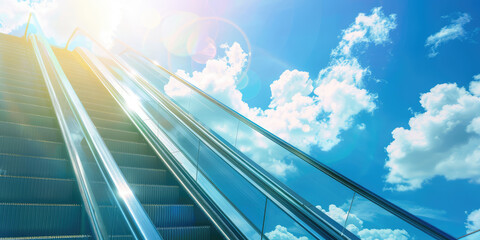 Close-up of a modern staircase escalator into the sky with bright sunshine and fluffy white clouds