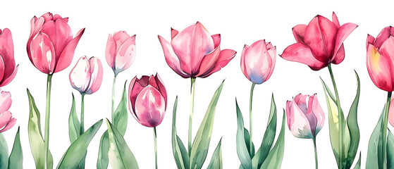 Obraz premium Beautiful watercolor painting of pink tulips in full bloom, featuring a variety of shades and green leaves isolated on a white background.