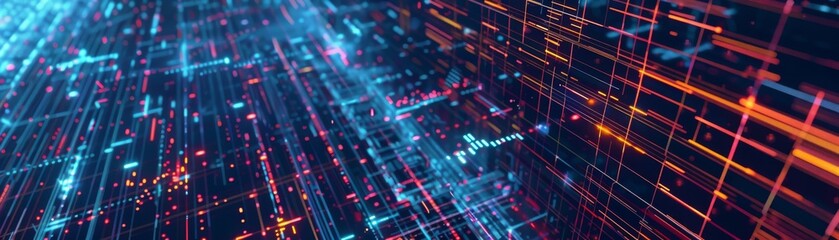 Fototapeta premium Abstract futuristic cyber landscape with glowing digital data stream. Concept of technology, telecommunications, and blockchain network.