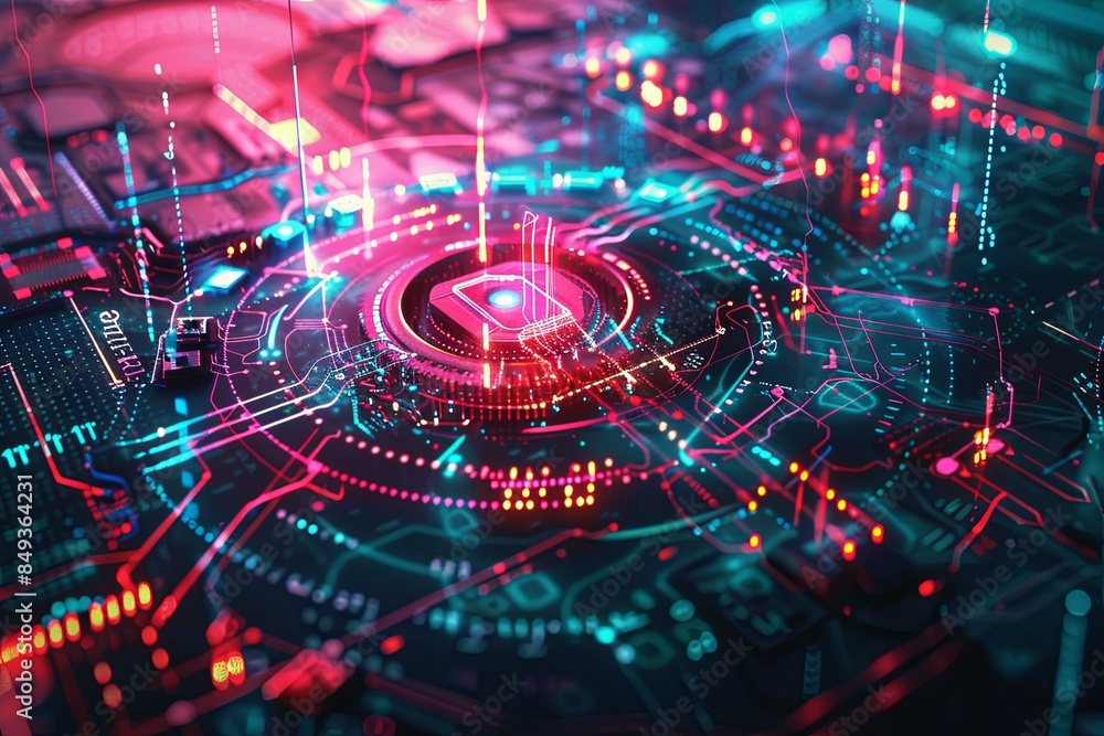 Fototapete futuristic, abstract digital artwork depicting cybersecurity elements, including digital locks, shie