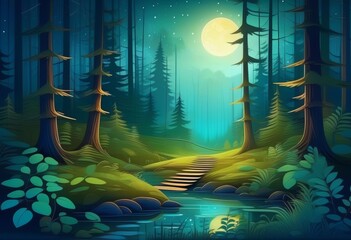 An illustration of a mystical forest at night with a full moon shining through the trees