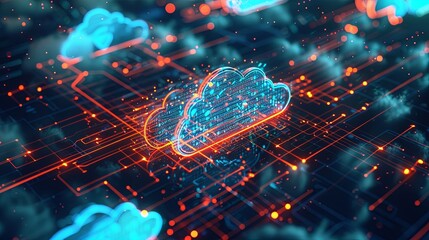 An abstract visualization of cloud computing, showcasing digital elements representing data processing and AI operations within a cloud network. Generative AI