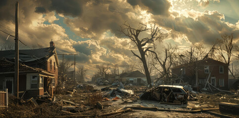Fototapeta premium Aftermath Scenes of destruction left in the wake of a tornado, including damaged buildings, uprooted trees, and scattered debris