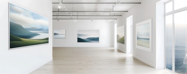 A chic art gallery with white walls and a minimalist aesthetic, showcasing a collection of serene landscape paintings that bring a touch of nature into the modern space.