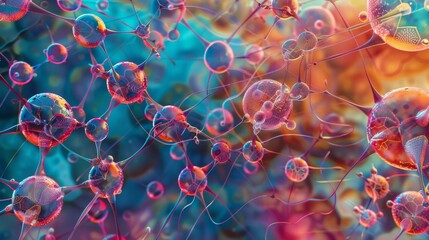 Abstract molecular structure with colorful background, depicting scientific and technological advancements in modern research and development.