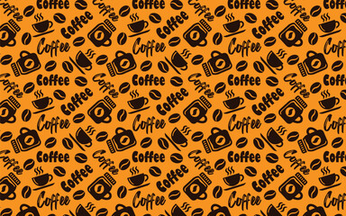 Coffee seamless pattern with lettering. hand drawn, Coffee beans, cups. Design element for poster, wrapping paper.