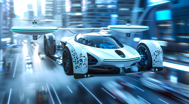 Advanced Hover Car In A Neon-Lit Cyberpunk City Street Scene