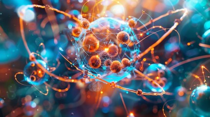 Abstract representation of atomic and molecular structures with vibrant colors and glowing particles, showcasing the beauty of science and chemistry.