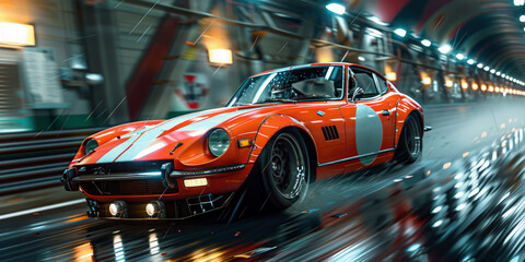 A high-speed capture of an orange sports car with racing stripes and number 7, cruising in an illuminated tunnel