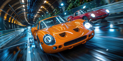 High-performance sports cars in a race depicted in a tunnel with captivating light trails and reflections