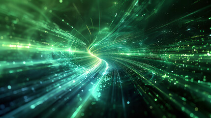 Naklejka premium Vibrant green and blue light paths converging in a seamless, futuristic style, creating a captivating presentation slide design; energy transition tone.