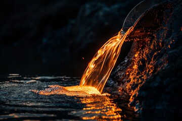 Naklejka premium Molten lava flow at twilight in nature