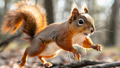 Fototapeta premium Energetic squirrels leaping between branches, playful and spirited, sunny spring morning, spring for the first time