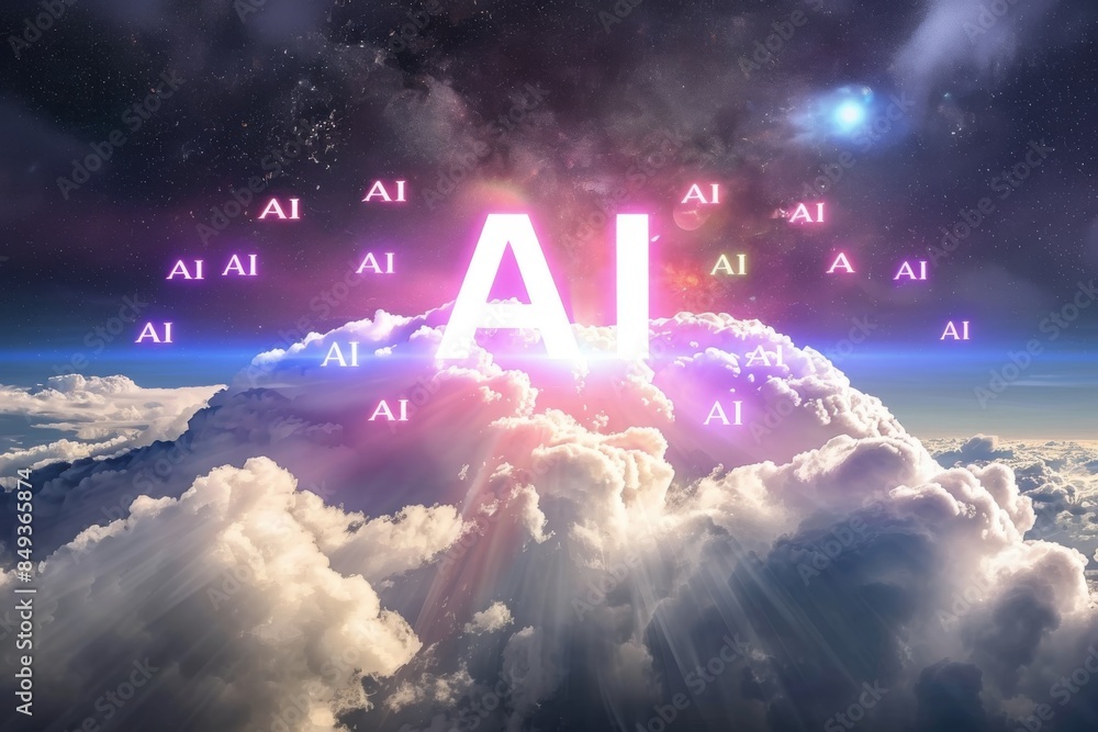 Aufkleber ai text in a glowing cloudscape, symbolizing the pervasive influence of artificial intelligence in t
