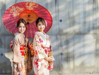Fototapeta premium Summer Kimono Fashion Stylish young people wearing summer kimonos or yukatas in urban or traditional settings