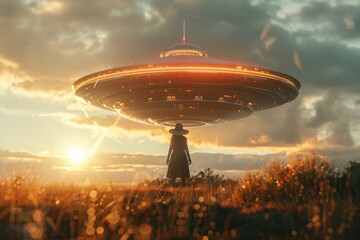 The ufo hovering over the alien visitor. 3D rendering