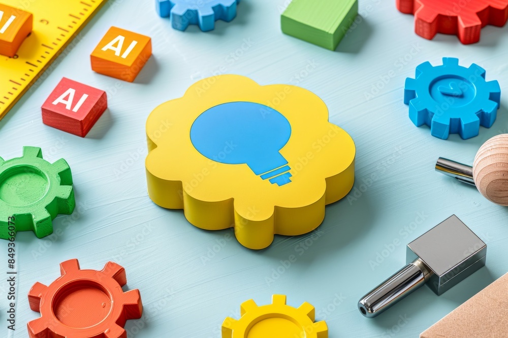 Poster colorful ai gears on a blue background, representing the integration of artificial intelligence in m