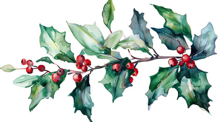 Watercolor illustration of festive holly branch with green leaves and red berries, perfect for Christmas and holiday designs.