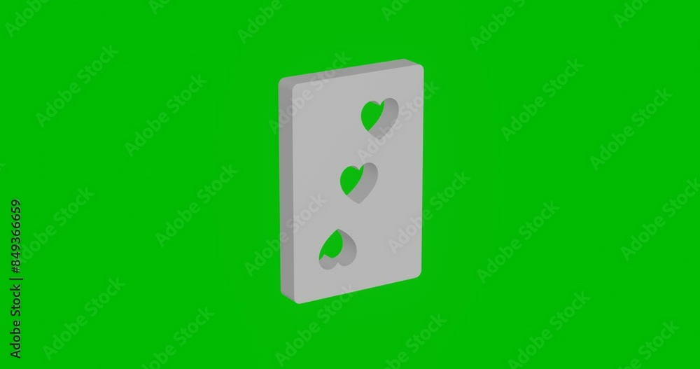 Poster animation of rotation of a white three of hearts playing card with shadow. simple and complex rotati