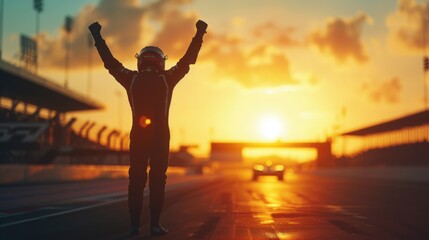 Fototapeta premium Against the backdrop of the setting sun, the silhouette of a race car driver stands in jubilation, arms raised in celebration of a hard-earned victory