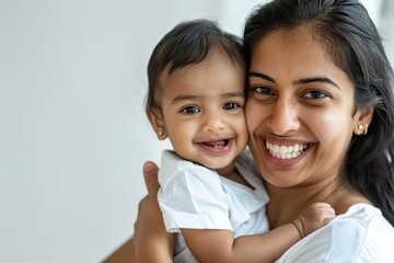 A blissfully smiling Indian mother cradles a baby boy in a white T-shirt, grey top and jeans at home. White background, white walls