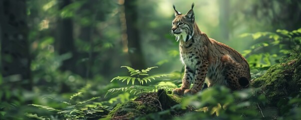 Lynx lynx in a clean green summer wild nature, banner. Generative AI.