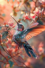 Obraz premium Capture a robotic hummingbird in mid-flight, its metallic feathers glistening under the sun, set against a dreamy watercolor sky