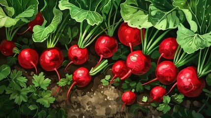 A vibrant 2d illustration showcasing freshly picked red radishes complete with their leafy greens