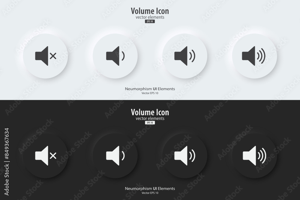 Poster Level volume icon. A set of black and white round buttons with a level volume symbols. 3D icon in trendy neumorphic style for apps, websites, and interfaces. UI UX elements. Vector illustration.