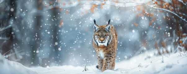 Lynx lynx in a winter wild nature, banner. Generative AI.