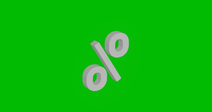 Animation of rotation of a white percent symbol with shadow. Simple and complex rotation. Seamless looped 4k animation on green chroma key background