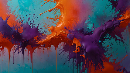 Fototapeta premium A vibrant abstract background with bold splashes of magenta, turquoise, and golden yellow, arranged in a chaotic yet harmonious manner