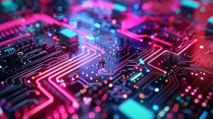 Obraz premium Close-up of a colorful, illuminated circuit board with electronic components, showcasing modern technology and innovation.