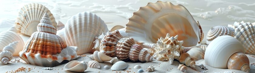 Closeup of a 3D model of a shell collection on a wooden boardwalk