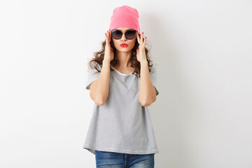 portrait of hipster pretty woman in pink hat, sunglasses, smiling, happy mood, isolated, funny, casual style, t-shirt, summer fashion outfit