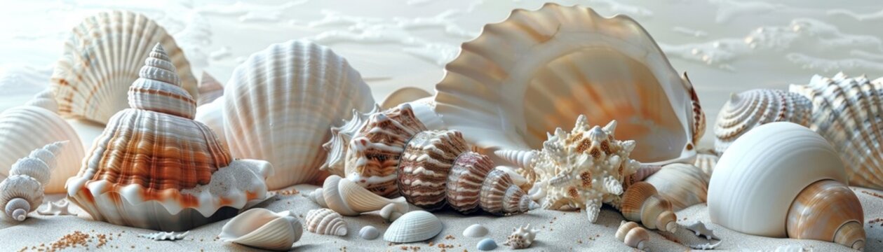 Closeup of a 3D model of a shell collection on a wooden boardwalk