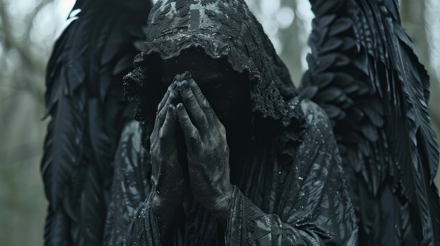 Close-up of a black cloaked Angel with large black wings praying