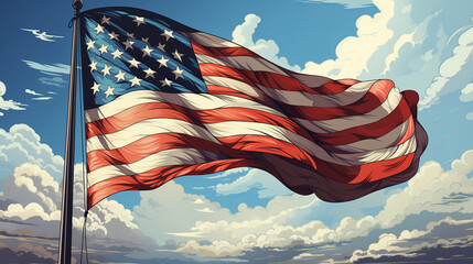 Close-up illustration of the American flag waving proudly against the blue sky.