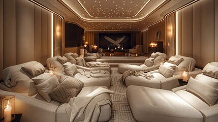 An opulent private movie screening room adorned with plush, luxurious seating and state-of-the-art technology, exuding exclusivity and comfort. Generative AI.