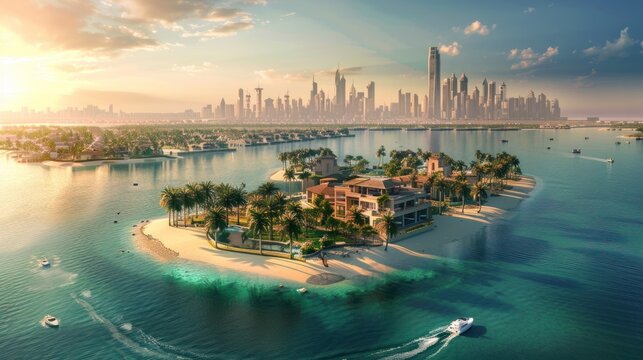 Dubai luxury villas real estate on The Palm Jumeirah artificial island panorama