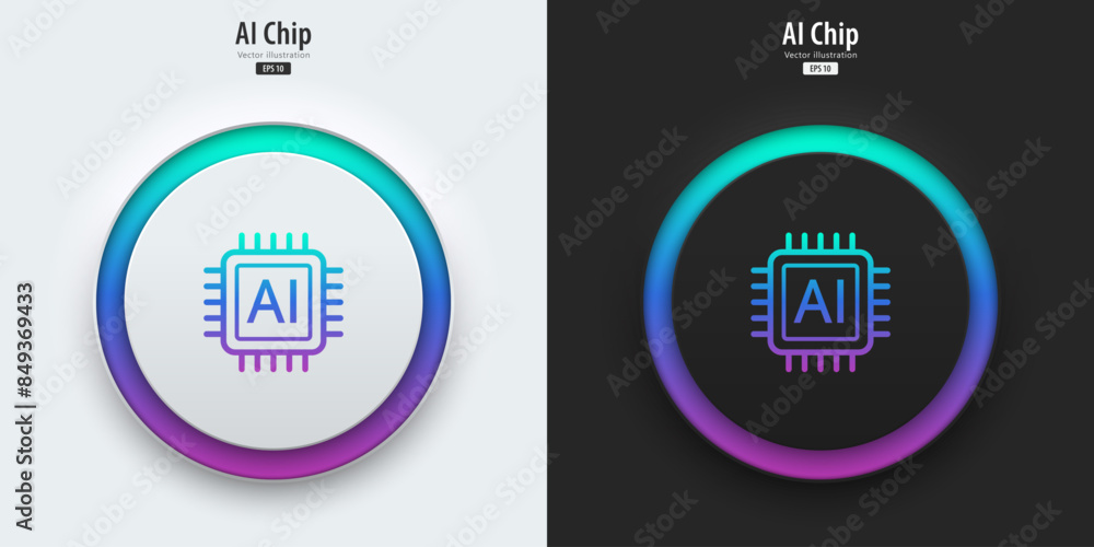 Poster AI Chipset icon. A set of black and white buttons with AI Chipset symbols. Artificial intelligence, Machine learning technology concept. Neumorphism style, UI UX design, Vector illustration.