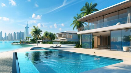 Fototapeta premium Dubai luxury villas real estate on The Palm Jumeirah artificial island panorama