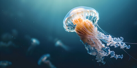 Obraz premium A jellyfish swimming underwater in clear ocean water with a view of the seabed, providing copy space for text. Ideal for marine life themes or underwater photography projects.