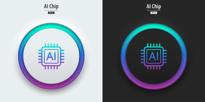 AI Chipset icon. A set of black and white buttons with AI Chipset symbols. Artificial intelligence, Machine learning technology concept. Neumorphism style, UI UX design, Vector illustration.