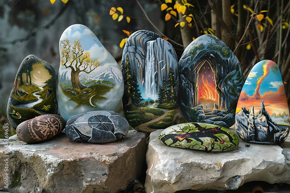 Wall mural a series of painted rocks, each depicting a chapter from an epic adventure - Wall murals
